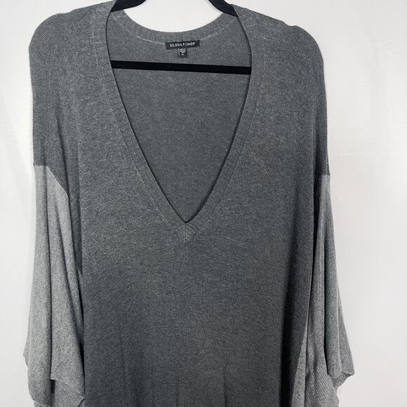 Eileen Fisher XLarge XL Two Tone Gray Colorblock Tunic Sweater VNeck Stretch - Picture 3 of 10